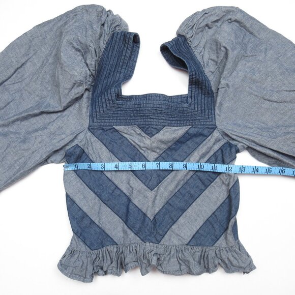 Anthropologie Love The Label Chevron Smocked Puff-Sleeve Blouse Blue XS - Picture 4 of 8